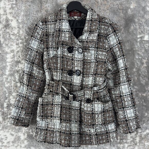 Qiuzhiyu Womens Size S Wool Blend Belted Plaid Button Coat Lined - Picture 1 of 10